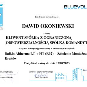 Certyfikat Daikin Altherma LT + HT (R32) Szkolenie Montażowe Kraków - Dawid Okoniewski