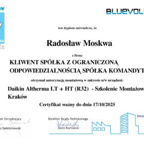 Certyfikat Daikin Altherma LT + HT (R32) Szkolenie Montażowe Kraków - Dawid Okoniewski