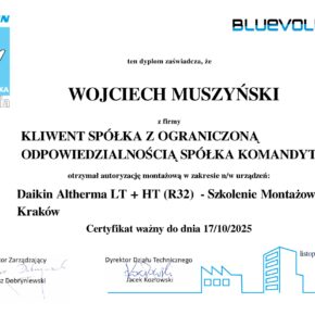 Certyfikat Daikin Altherma LT + HT (R32) Szkolenie Montażowe Kraków-Wojciech Muszyński