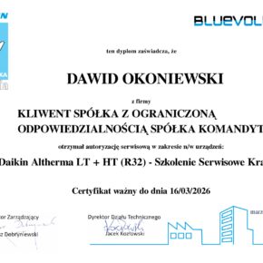Certyfikat Daikin Altherma LT + HT (R32) Szkolenie Serwisowe Kraków - Dawid Okoniewski