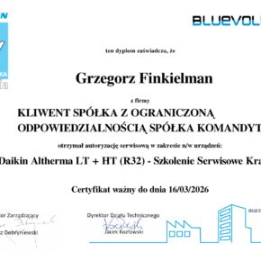 Certyfikat Daikin Altherma LT + HT (R32) Szkolenie Serwisowe Kraków - Grzegorz Finkielman