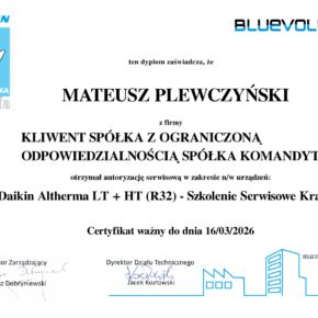 Certyfikat Daikin Altherma LT + HT (R32) Szkolenie Serwisowe Kraków - Mateusz Plewczyński