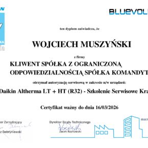 Certyfikat Daikin Altherma LT + HT (R32) - Szkolenie Serwisowe Kraków -Wojciech Muszyński