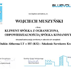 Certyfikat Daikin Altherma LT + HT (R32) - Szkolenie Serwisowe Kraków - Wojciech Muszyński