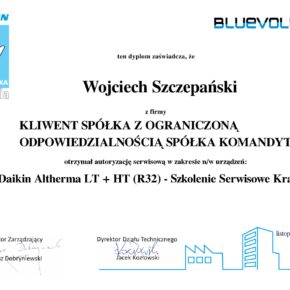 Certyfikat Daikin Altherma LT + HT (R32) Szkolenie Serwisowe Kraków - Wojciech Szczepański