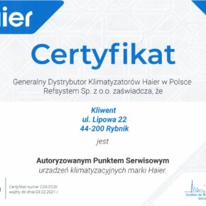 Certyfikat Haier Kliwent