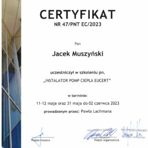 Certyfikat Instalator Pomp Ciepła Jacek Muszyński
