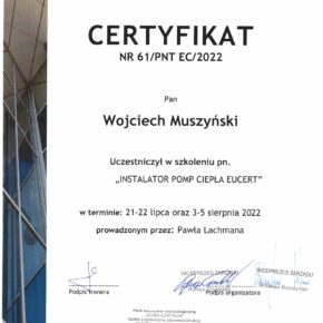 Certyfikat Instalator Pomp Ciepła Wojciech Muszyńki