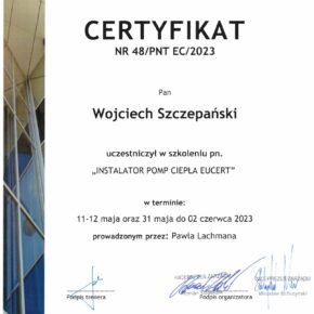 Certyfikat Instalator Pomp Ciepła Wojciech Szczepański