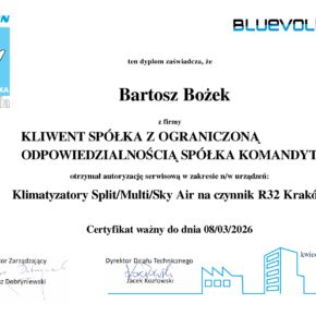 Certyfikat Klimatyzatory Split Multi Sky Air na czynnik R32 Kraków - Bartosz Bożek
