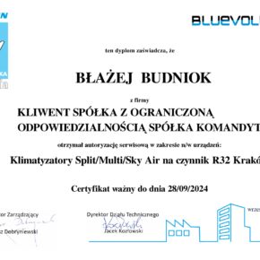 Certyfikat Klimatyzatory Split Multi Sky Air na czynnik R32 Kraków - Błazej Budniok