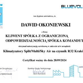 Certyfikat Klimatyzatory Split Multi Sky Air na czynnik R32 Kraków - Dawid Okoniewski