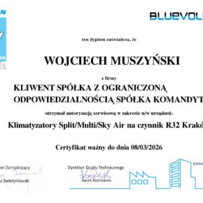Certyfikat Klimatyzatory Split Multi Sky Air na czynnik R32 Kraków -Wojciech Muszyński