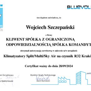 Certyfikat Klimatyzatory Split Multi Sky Air na czynnik R32 Kraków - Wojciech Szczepański