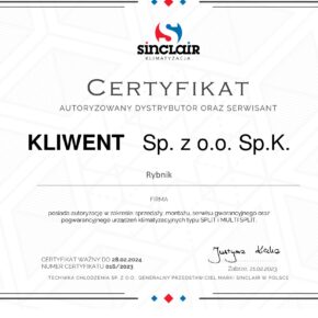 Certyfikat Sinclair Kliwent 2023