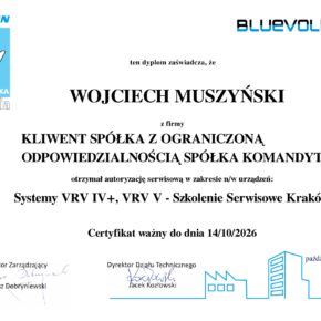 Certyfikat Systemy VRV IV+ VRV V - Szkolenie Serwisowe Kraków -Wojciech Muszyński