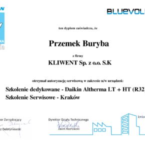 Certyfikat Szkolenie dedykowane - Daikin Altherma LT + HT (R32) Szkolenie Serwisowe - Kraków - Przemek Buryba