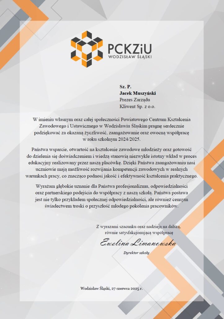 Podziękowanie PCKZiU Wodzisław Śląski