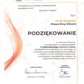 Podziękowanie za konkurs 4 ogólnopolski konkurs Lodówa